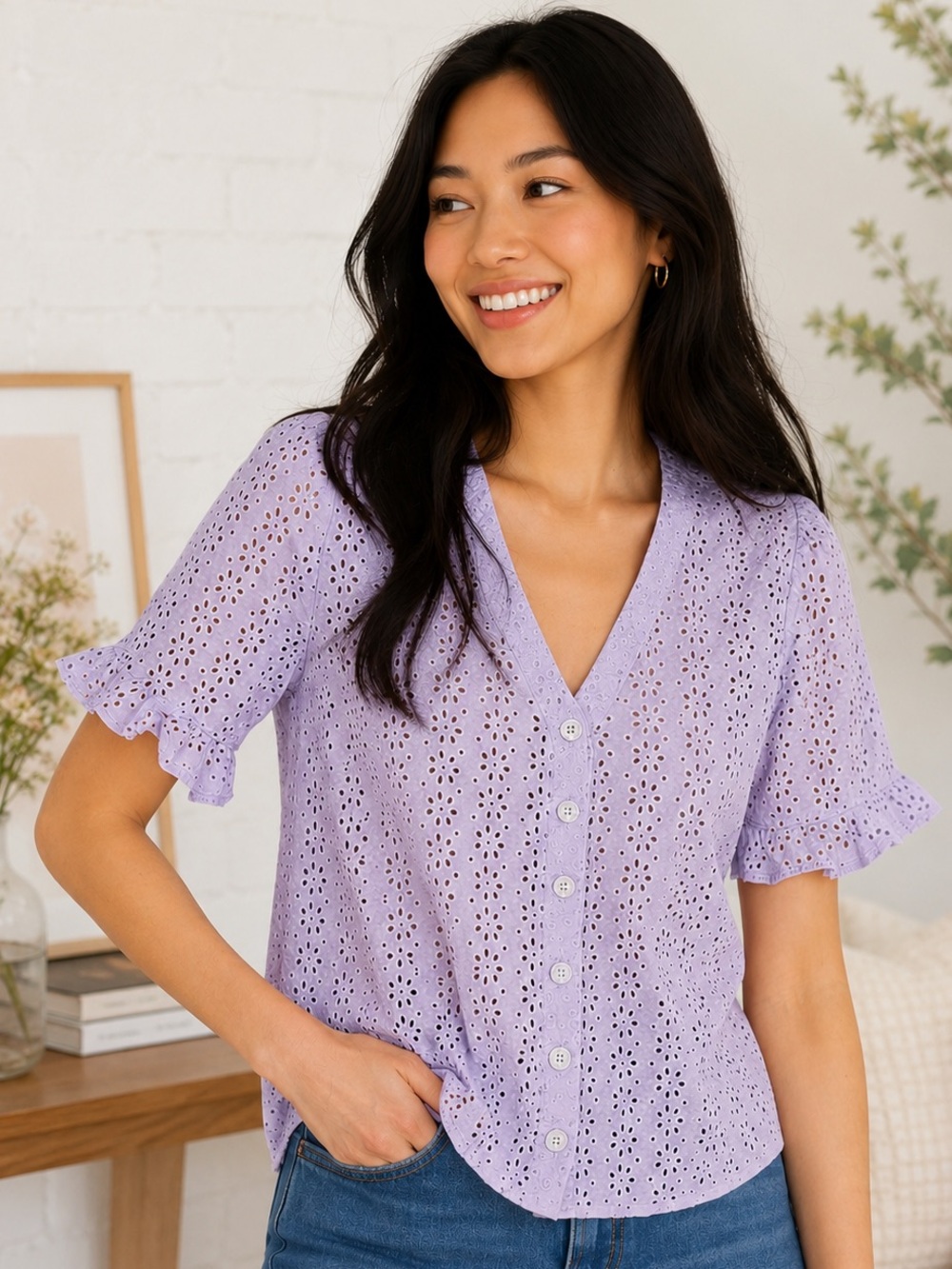 Madewell Eyelet Village Top Lavender Ruffle Sleeve Button Front Blouse | Small